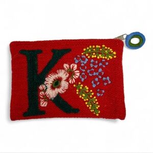 Jenny Krauss Embroidered Floral Wool Love Letter Pouch Makeup Bag Coin Purse “K”